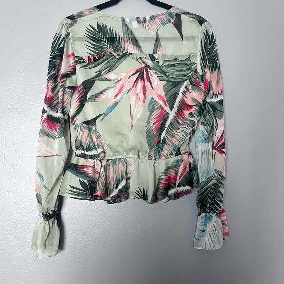✨GUESS Women’s Blouse Size S Green hawaiian print Floral Long Sleeve sheer Top - Picture 6 of 7